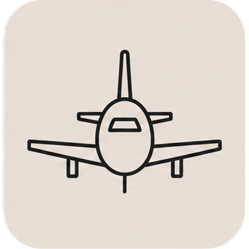 Minimalist black outline icon of an airplane flying forward for travel and aviation concepts.