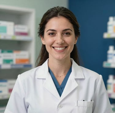 A close-up portrait of a professional female pharmacist in a clean white uniform, smiling warmly in a modern South American pharmacy. Soft lighting, sage green and navy blue background colors.