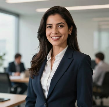 A portrait of a smiling professional woman in business attire, standing in a bright, modern Latin American / Mexican office with a blurred background.