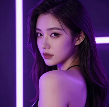 A close-up high-contrast artistic portrait of a sultry female model looking over her shoulder, illuminated by bright electric violet neon lights, premium adult layout.