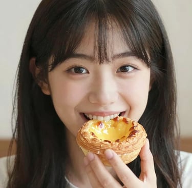 A smiling customer holding a freshly baked croissant outside Rochak Bakery on a sunny day.