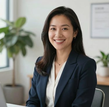A professional North American wellness consultant in professional attire, smiling warmly in a bright, modern office with plants in the background. High-quality photography, soft natural lighting.