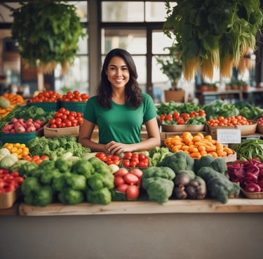 a woman standing in front of a table with vegetables