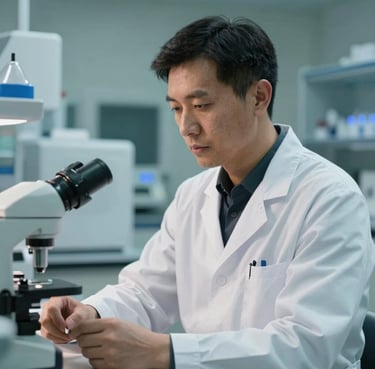 A professional medical researcher in a North American / Canadian clinical laboratory, wearing a modern white coat. The background features high-tech equipment with soft forest teal lighting.