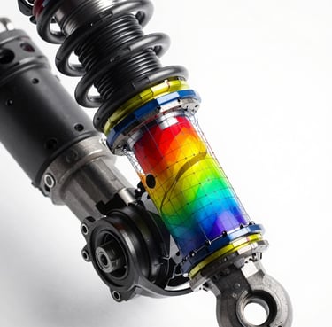 Macro close-up of a complex automotive suspension CAD assembly, showing intricate wireframe overlays, finite element analysis stress gradients, clinical white background, bright studio lighting.