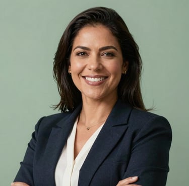 A portrait of a confident South American / Brazilian female executive in business casual attire, smiling warmly, professional studio lighting with a soft green background.