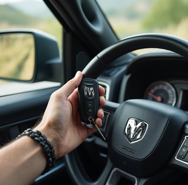 Person holding key fob inside truck