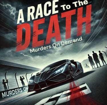 A black sports car on a racetrack with the title A Race To The Death Murders On Demand.