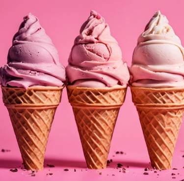 three ice cream cones with pink and white icing