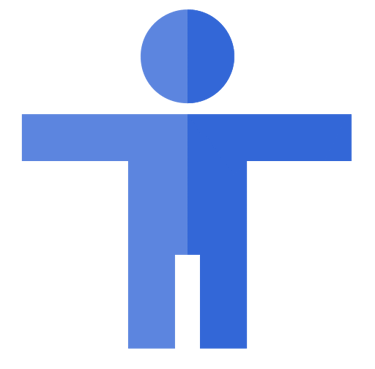 a blue and white sign with a man in a blue shirt