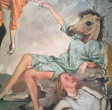 Surreal oil painting featuring a woman with a horse head reclining near two men in a dreamlike setting.