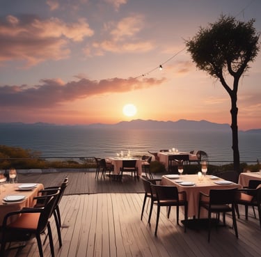 An outdoor restaurant with a brightly lit sign reading 'BAR RESTAURANT' under a dusky sky. Several people are sitting at tables inside a glass-enclosed area, engaged in conversation. There's a menu board leaning against the wall, and the reflections in the glass create a cozy ambiance.