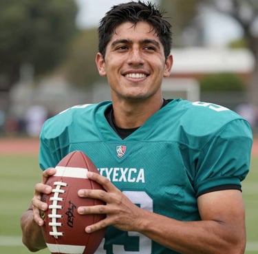 Close-up portrait of a smiling player in a teal jersey, holding a football, North American / Mexican athlete in a community park setting in Guanajuato.