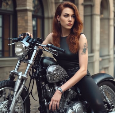 A young red haired tattooed trans woman posed upon a motorcycle