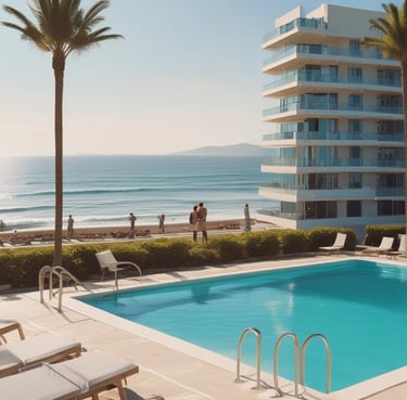 A street scene with luxury cars parked along the curb. The building features classic architecture with ornate balconies and a row of potted plants. Flags are hanging above the entrance, and the colors of the building are warm and inviting.