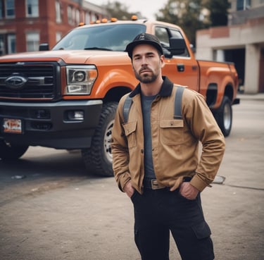 Several large construction lifts are parked in an outdoor lot, each with long extendable arms. Bright red barricades are placed in front of the machinery. The sky above is a clear, vivid blue with some wispy clouds.