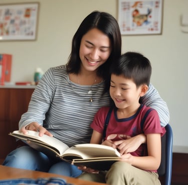 A smiling teacher engaging with a group of children in a bright classroom setting.