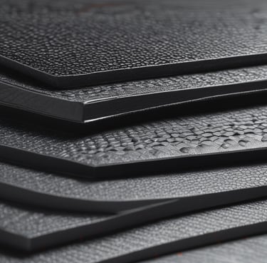 Close-up view of a car's carbon fiber components with a logo that features the letters 'AR' in white on a black background. The surface reflects light, highlighting its sleek and textured appearance. The setting appears industrial with a focus on the angular design and precision of the materials.