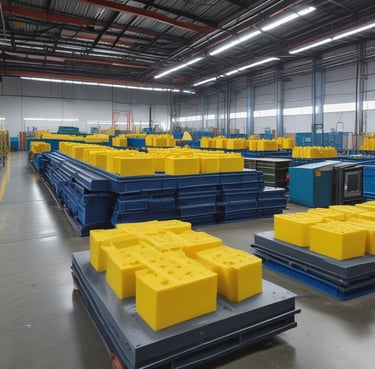 An industrial setting with various large machines and equipment, including a CNC machine and other manufacturing tools. There are shelves stocked with metal parts and components, and the space is illuminated by natural light streaming in through the ceiling windows. The area appears organized with clear sections for different types of machinery.