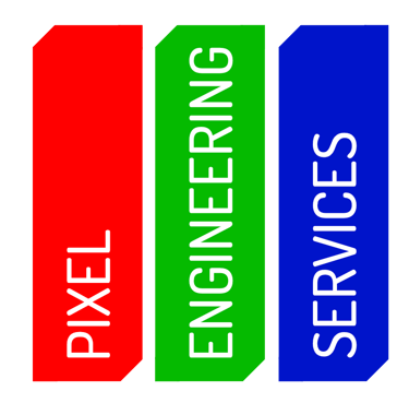 Company logo of Pixel Engineering Services, featuring red, green & blue stripes that make a pixel