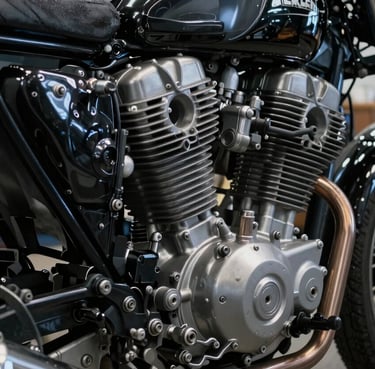 A tight close-up of a vintage motorcycle engine, emphasizing the mechanical details and textures of metal. The lighting is cinematic with deep jet black shadows and sharp silver grey highlights. Set in a professional Global / Western garage environment.