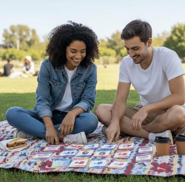 a man and woman sitting on a blanket in the grass, cards in front of them