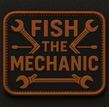 a brown leather patchwork logo on a black background