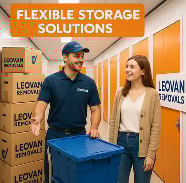 team of Leovan with customer inside of storage facility surrounded with boxes
