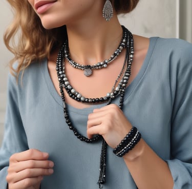 A collection of jewelry and accessories spread on a red velvet surface. Various items include earrings, rings, necklaces, and bracelets in different designs and colors such as silver, gold, and black. Some pieces have gemstone embellishments, while others have intricate metalwork.