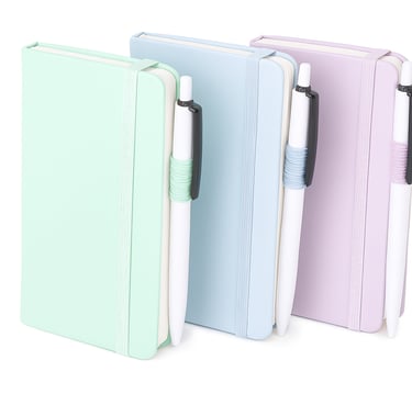 Three pastel notebooks with white pens on white