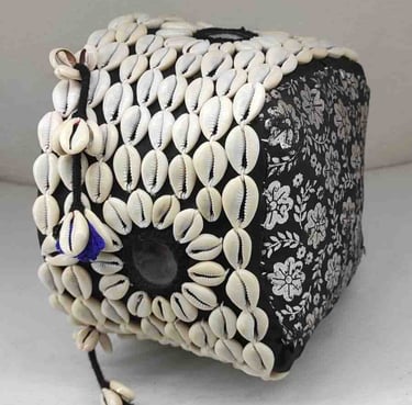 "Traditional bamboo basket covered in black textile with shell and artificial flower-Export-ready"
