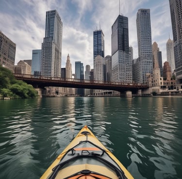 A kayak glides across a calm lake surrounded by lush green forests under a bright blue sky with scattered white clouds. The perspective from the bow of the kayak gives a sense of exploration and adventure.