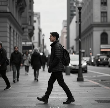 A group of people walking on a wet city street lined with historical architecture featuring arched windows and columns. Some are wearing casual jackets, and the scene suggests a typical urban day with a mix of trees and buildings in the background.