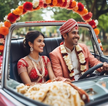 A indian happy couple in a decorated car after their wedding.