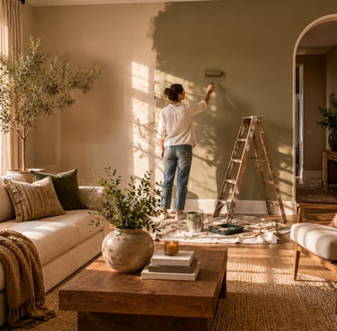 A woman uses a paint roller to apply sage green paint to a living room wall during a home renovation.