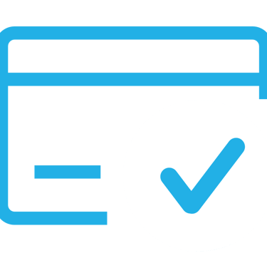 Blue payment icon: credit card with blue check on white circle background.