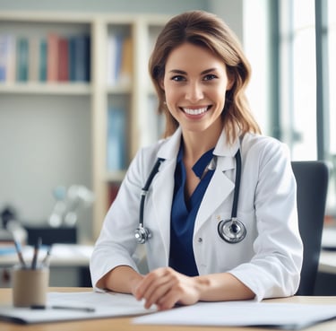 Smiling healthcare professionals discussing together in a modern dermatology office.