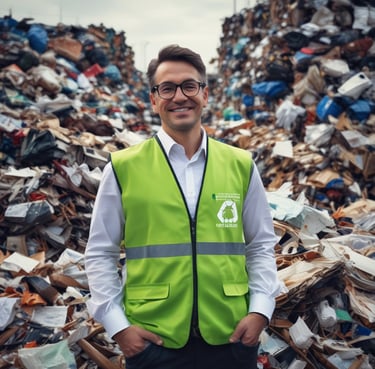 Photo of a smiling municipal worker using a tablet outdoors near waste collection trucks.