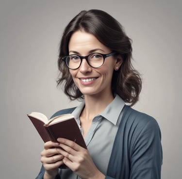 A happy reader holding a book with a smile.