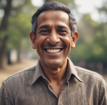 A smiling indian middle-aged man to camera .