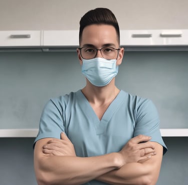 A person wearing a white shirt, tie, and surgical mask uses a stylus on a tablet device. They have a gray backpack and are in an interior space with shelves filled with books or similar items in the background.