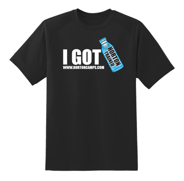 a black t - shirt with a bottle of Horton Trained