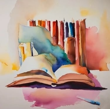 Gen AI watercolor - an open book in front of shelved books