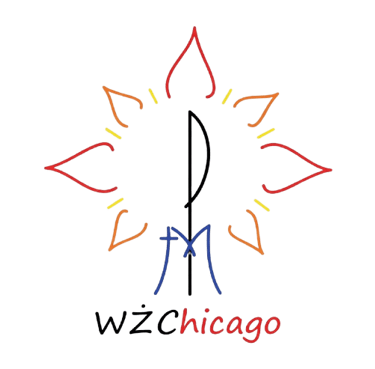 WŻ Chicago religious logo featuring a stylized sun, cross, and the letters M and P.