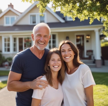 Smiling homeowner with family in front of remodeled house by Garnet Painting & Remodeling GA