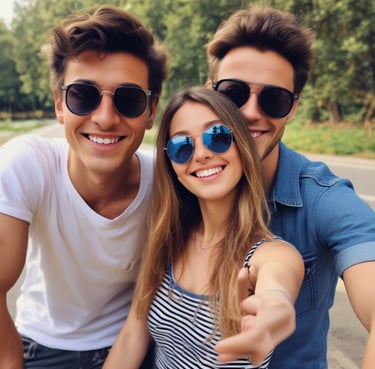 A joyful group of friends posing in a photo booth with props at a wedding celebration.