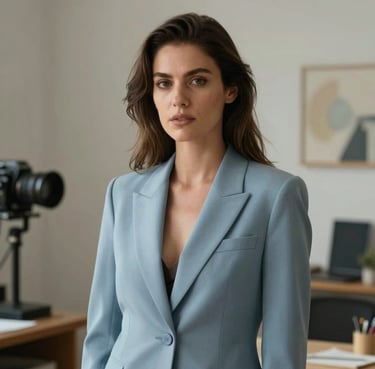 A professional portrait of a woman in an International / Global creative studio setting, looking confident and wearing a muted light blue blazer.