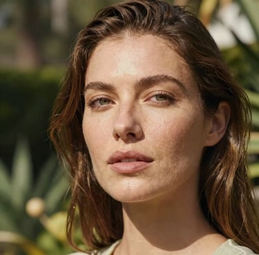 A close-up portrait of a woman with a natural, glowing complexion, looking serene and empowered in a sun-drenched North American / Californian garden setting, sage green and gold tones.