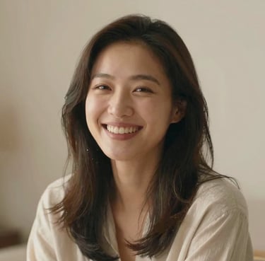 Cinematic portrait of a smiling woman in a warm sunlit room, authentic expression, soft focus, #FDF8F0 background.