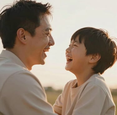 Spontaneous laughter between a father and son, backlit by the sun, cinematic and heartfelt, warm sandy palette.